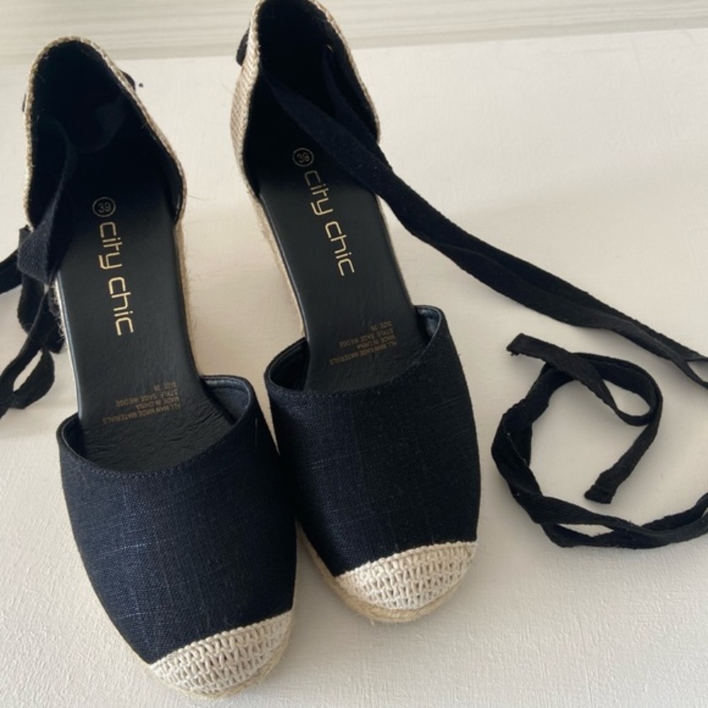 City Chic black and jute Espedrille wedges with black ribbon ties Size 39/8 - Picture 5 of 16
